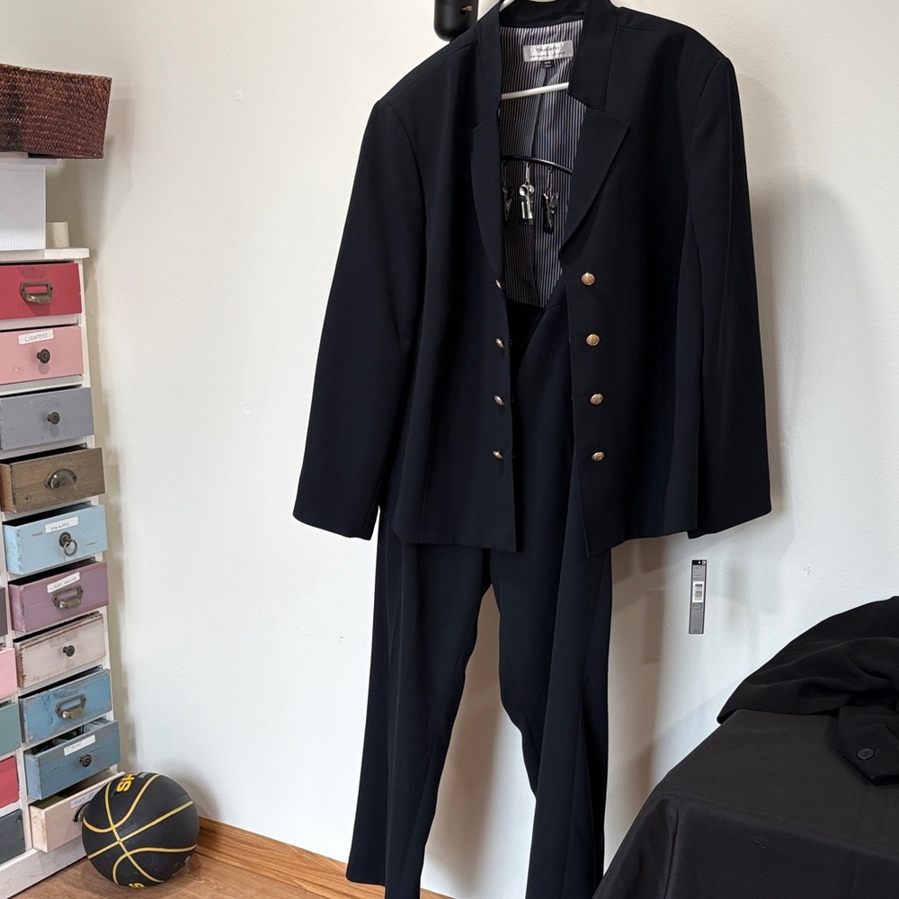 Tahari Navy Pantsuit with Gold Accents
